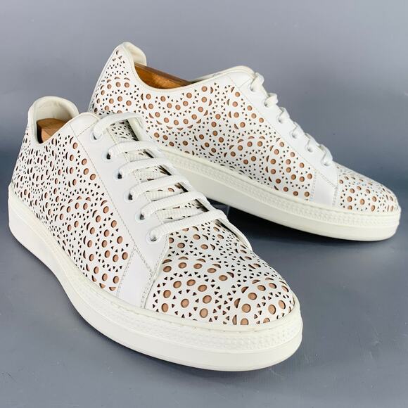 ALAIA Size 8 White Tan Laser Cut Leather Lace-Up Low Top Sneakers - Picture 1 of 9